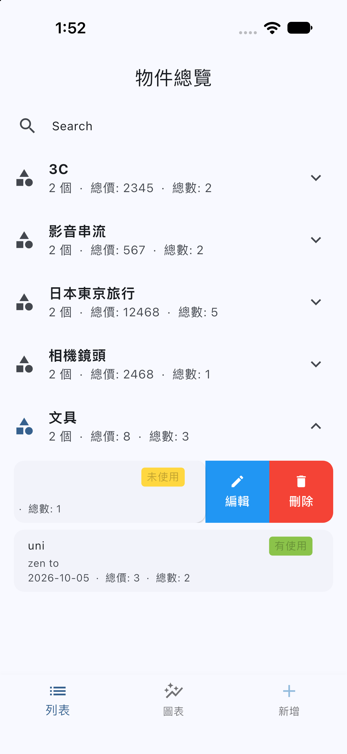 向左滑動物件紀錄，顯示編輯與刪除選項